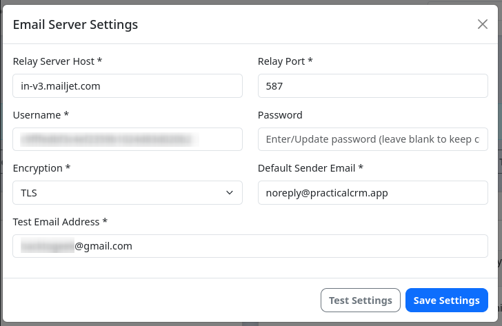 Email Server Settings modal window with fields for host, port, credentials