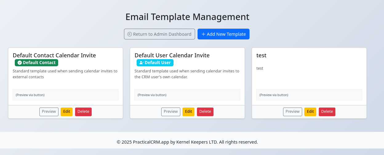 List of email template cards in the admin area