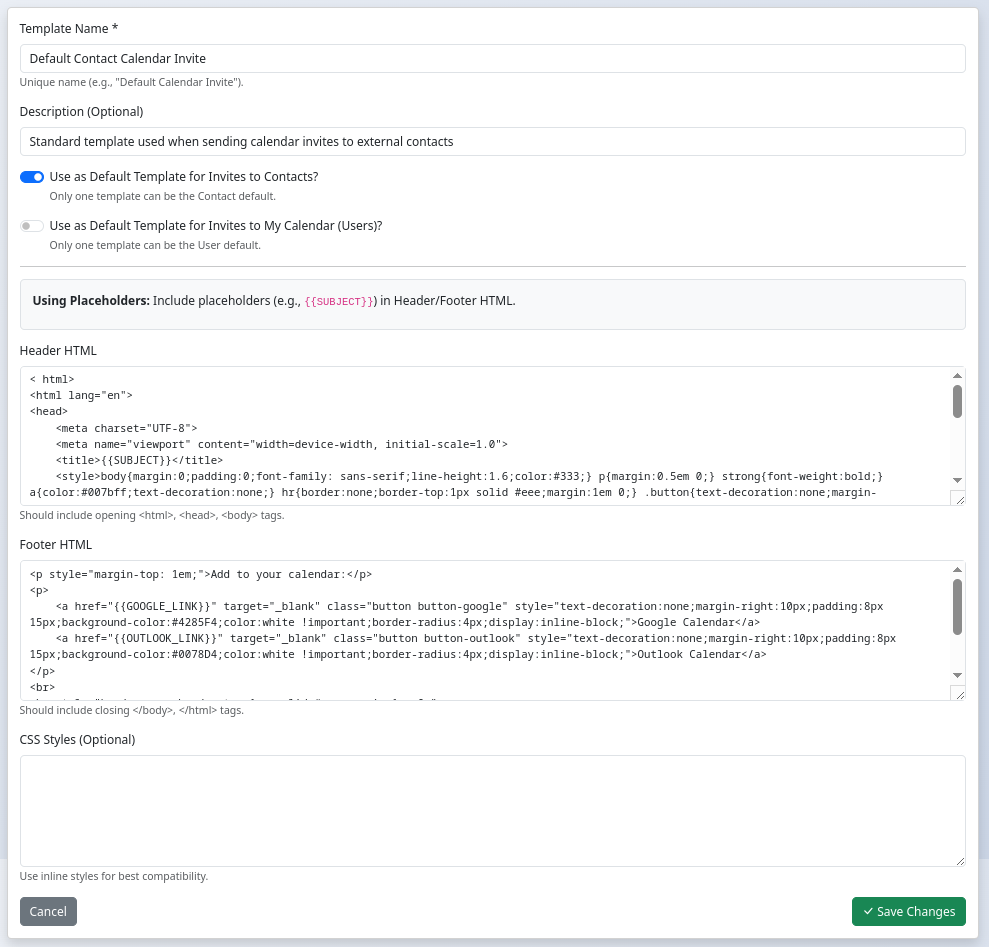 Email template editor form showing header, footer, and settings