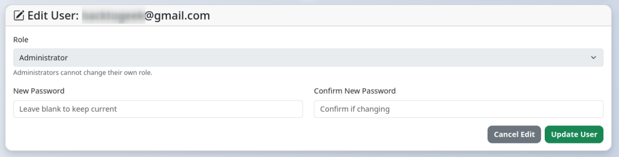 Edit User form shown below the user list on Admin Dashboard