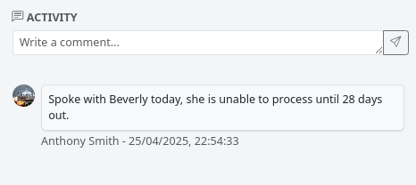 Comments and activity section within the card details modal showing add comment field