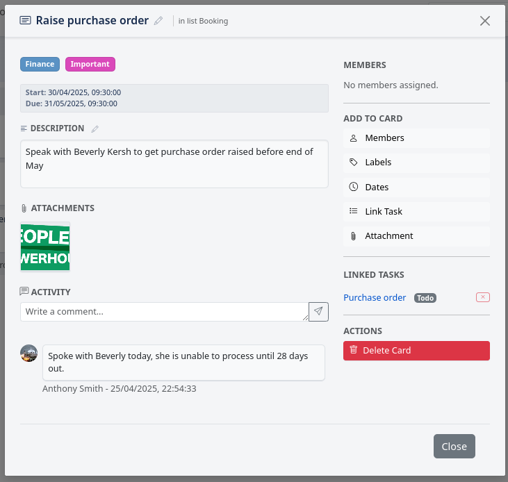 Card Details modal window showing title, description, sidebar
