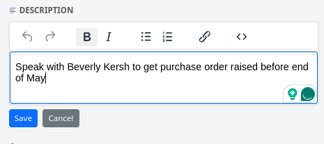 Rich text editor open for editing the card description