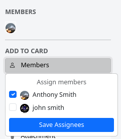 Dropdown menu for selecting card assignees