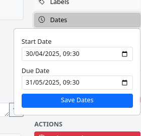 Dropdown menu for setting card start and due dates