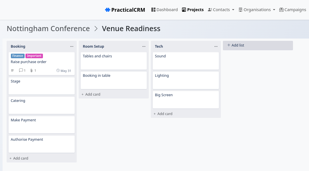 PracticalCRM Kanban board interface showing lists and cards