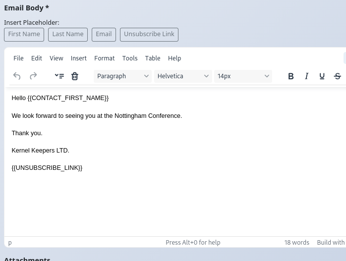 Campaign editor highlighting the rich text area and placeholder buttons