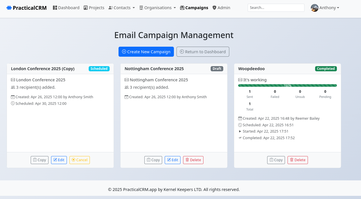 Email Campaigns list page showing campaign cards with status and stats