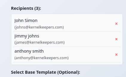 Recipient list section in the campaign form showing names and remove buttons