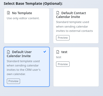 Template selector cards for email campaigns showing selection state