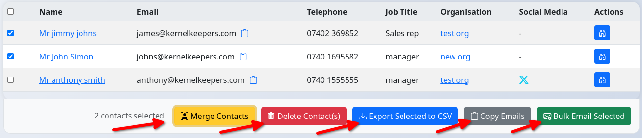 Contacts list action bar at the bottom with buttons enabled