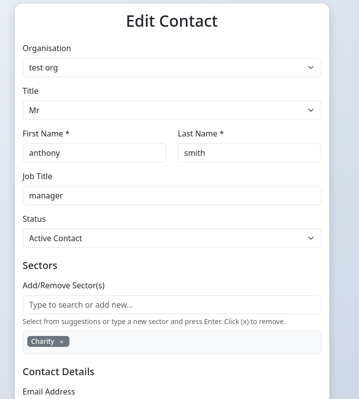 PracticalCRM Edit Contact form pre-filled with data