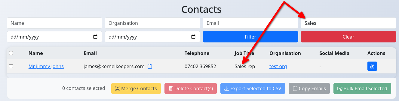 Contact list filter bar with example input