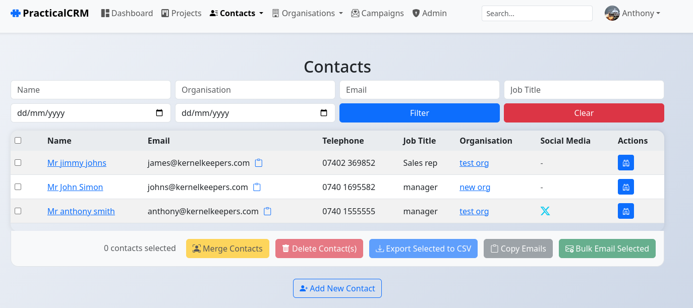 PracticalCRM Contacts List showing filters and table