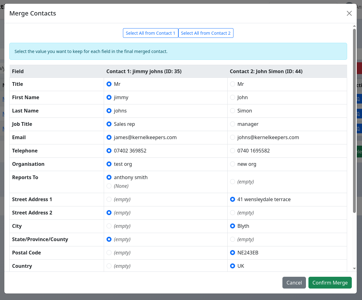 Merge Contacts modal showing side-by-side comparison and radio buttons