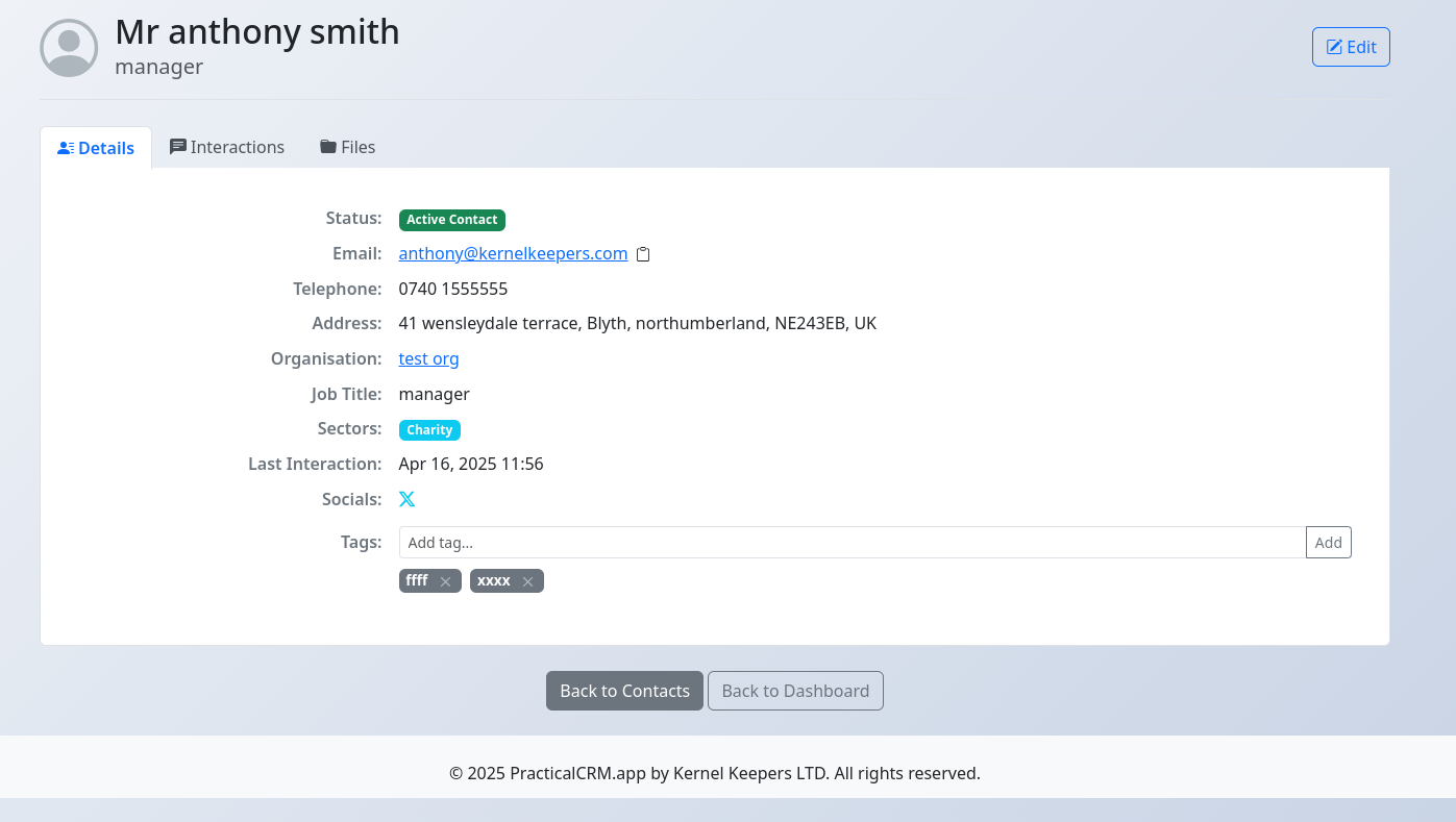 PracticalCRM View Contact page header and Details tab