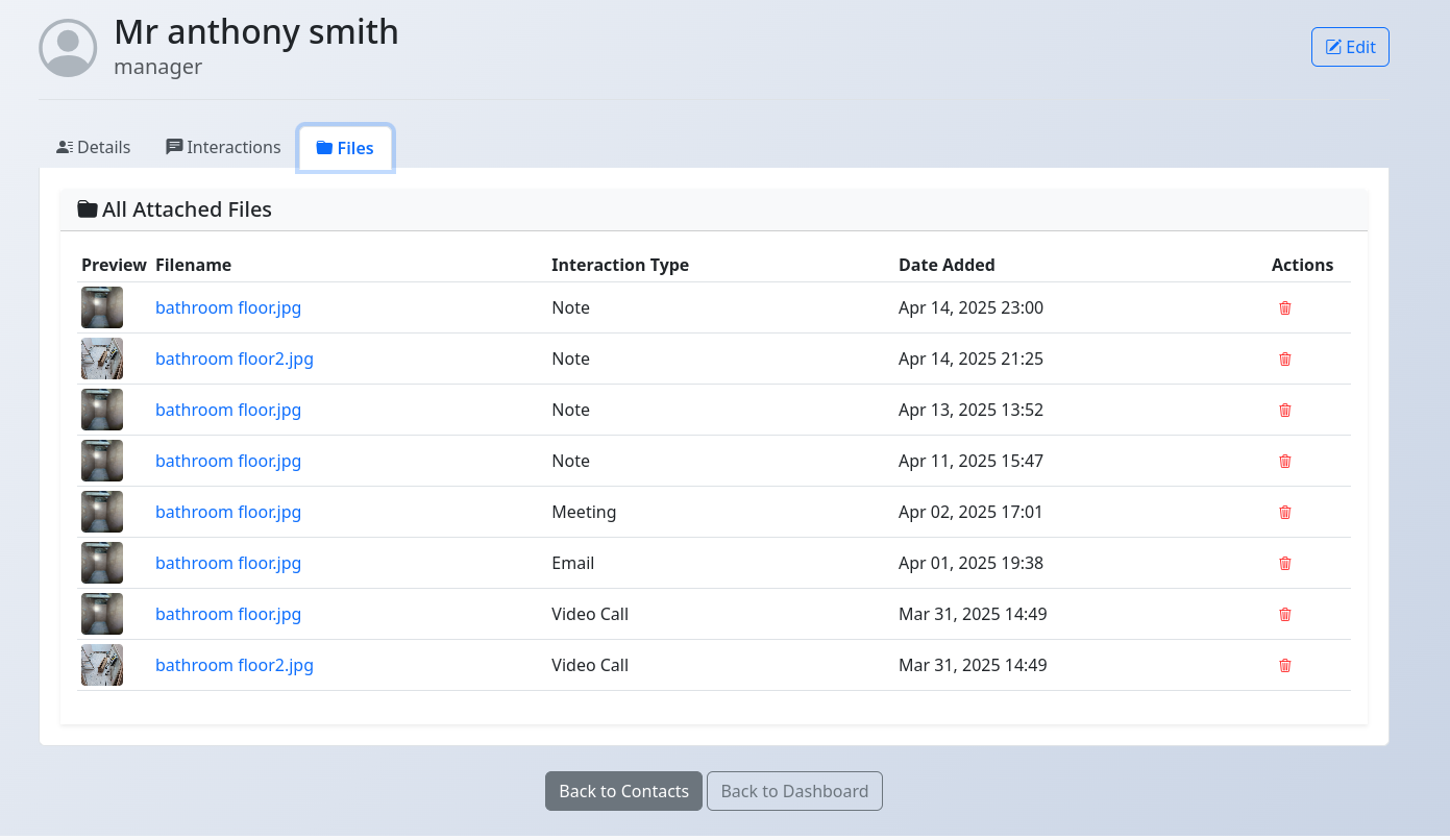Contact Files tab showing list of attached files with previews