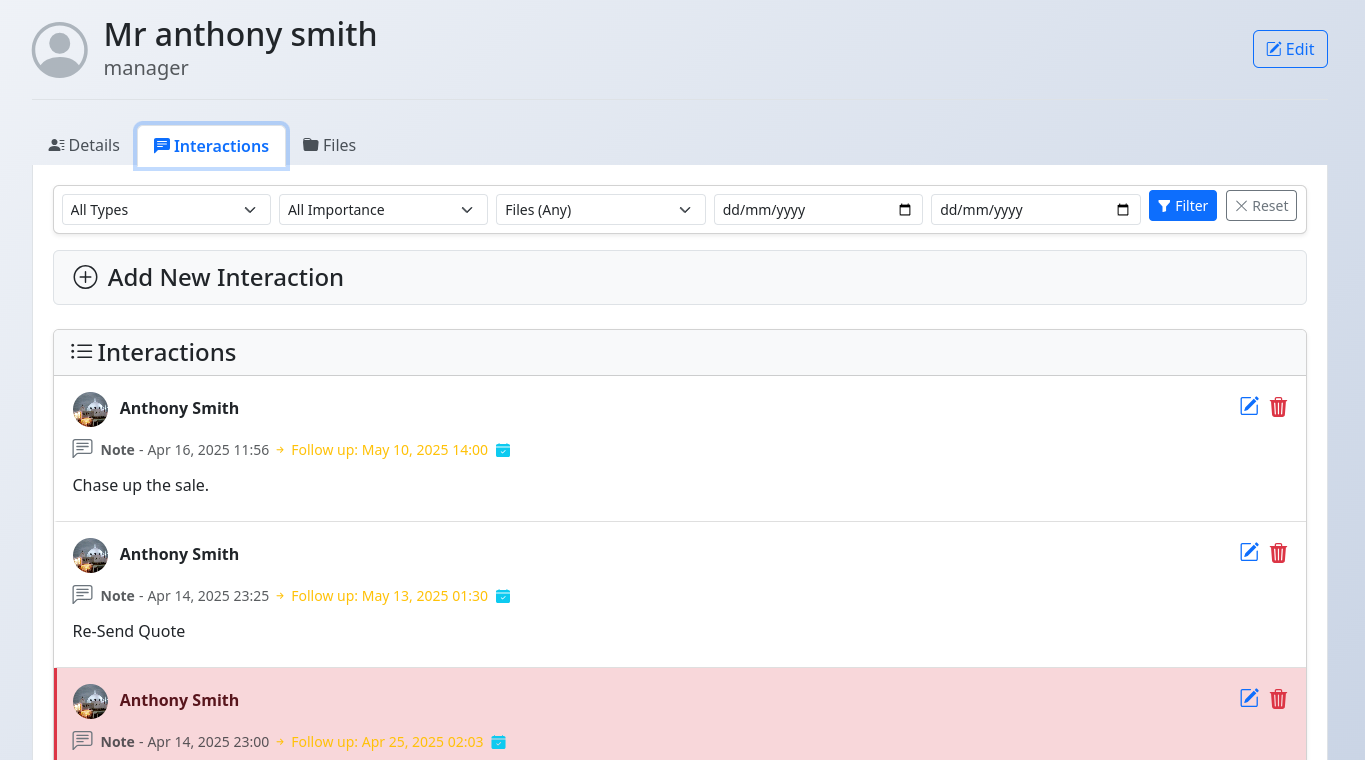 Contact Interactions tab showing logged interactions and add form