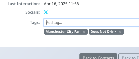 Contact Details tab highlighting the Tags management section