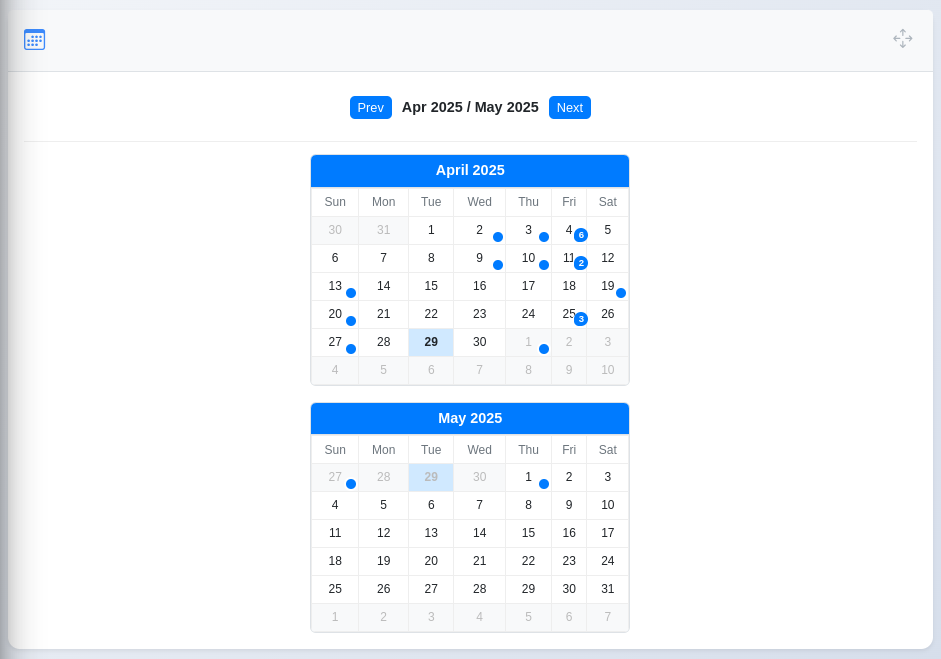 Dashboard Calendar Widget showing two months with highlighted dates
