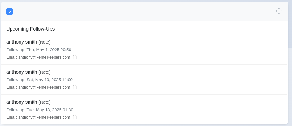 Dashboard Upcoming Follow-ups Widget showing list of contacts and dates