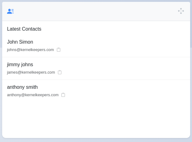 Dashboard Latest Contacts Widget showing list of names and emails