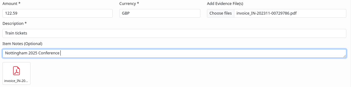 Expense item row showing attached evidence file previews