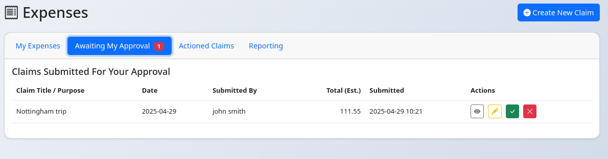 Awaiting Approval tab showing list of claims to be actioned