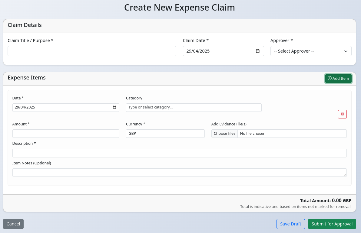Expense claim form showing header details and item section