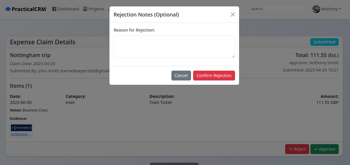 Rejection notes modal window