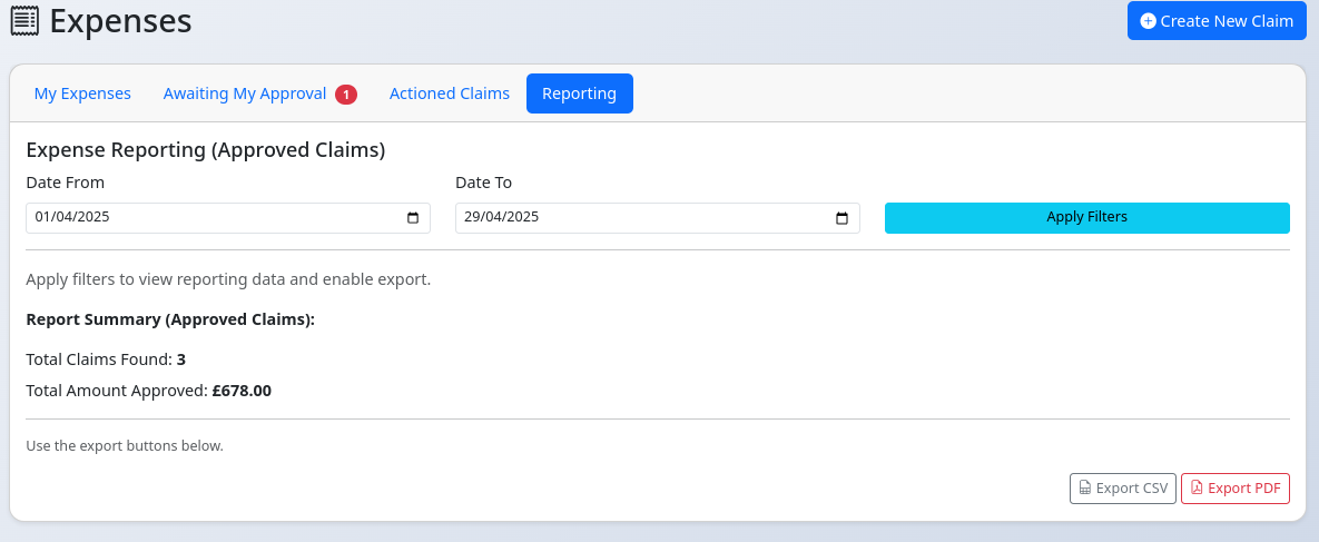 Expenses Reporting tab showing filters and summary/export buttons