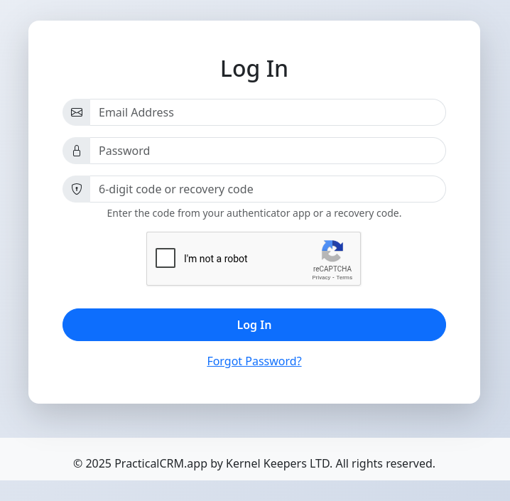 PracticalCRM Login form