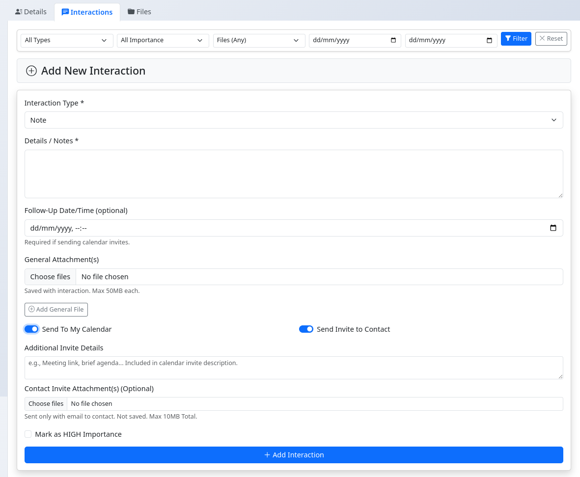 Add Interaction form expanded on contact view page