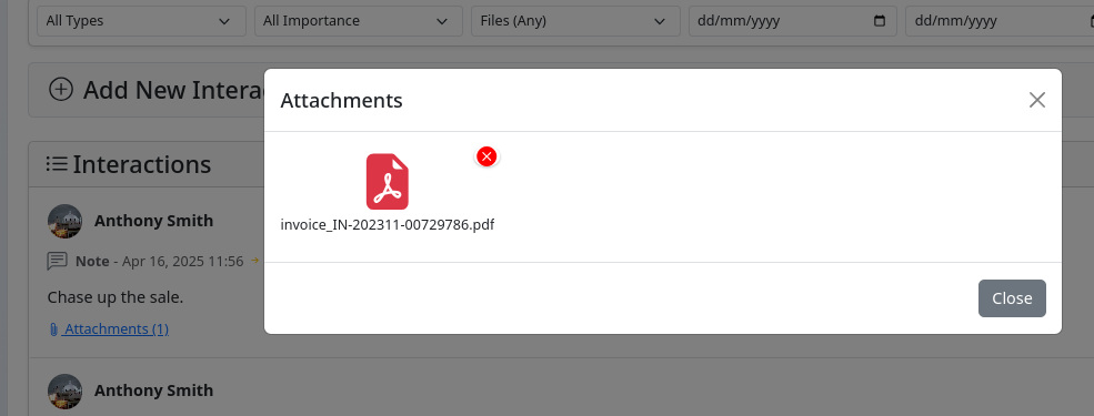 Modal window displaying attachments for an interaction