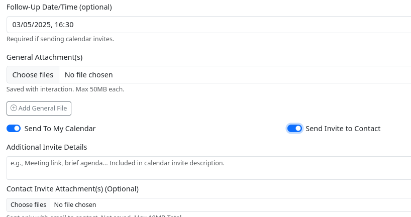 Interaction form showing calendar and invite options with extra details fields
