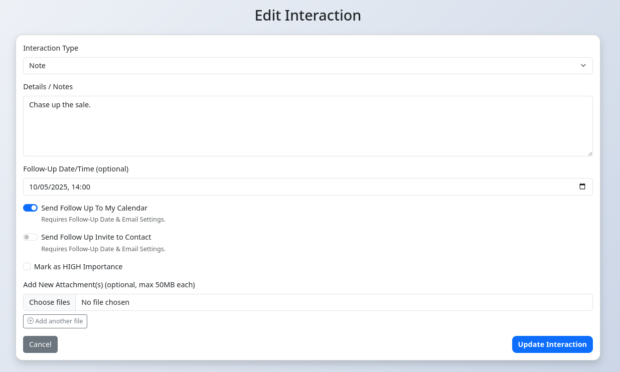 Edit Interaction form pre-filled with interaction data and attachment options