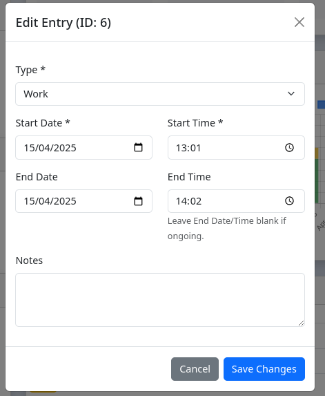 Modal window for adding or editing a manual time log entry