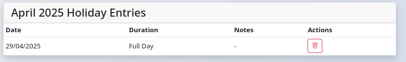 Table listing logged holiday entries with date, duration, and actions