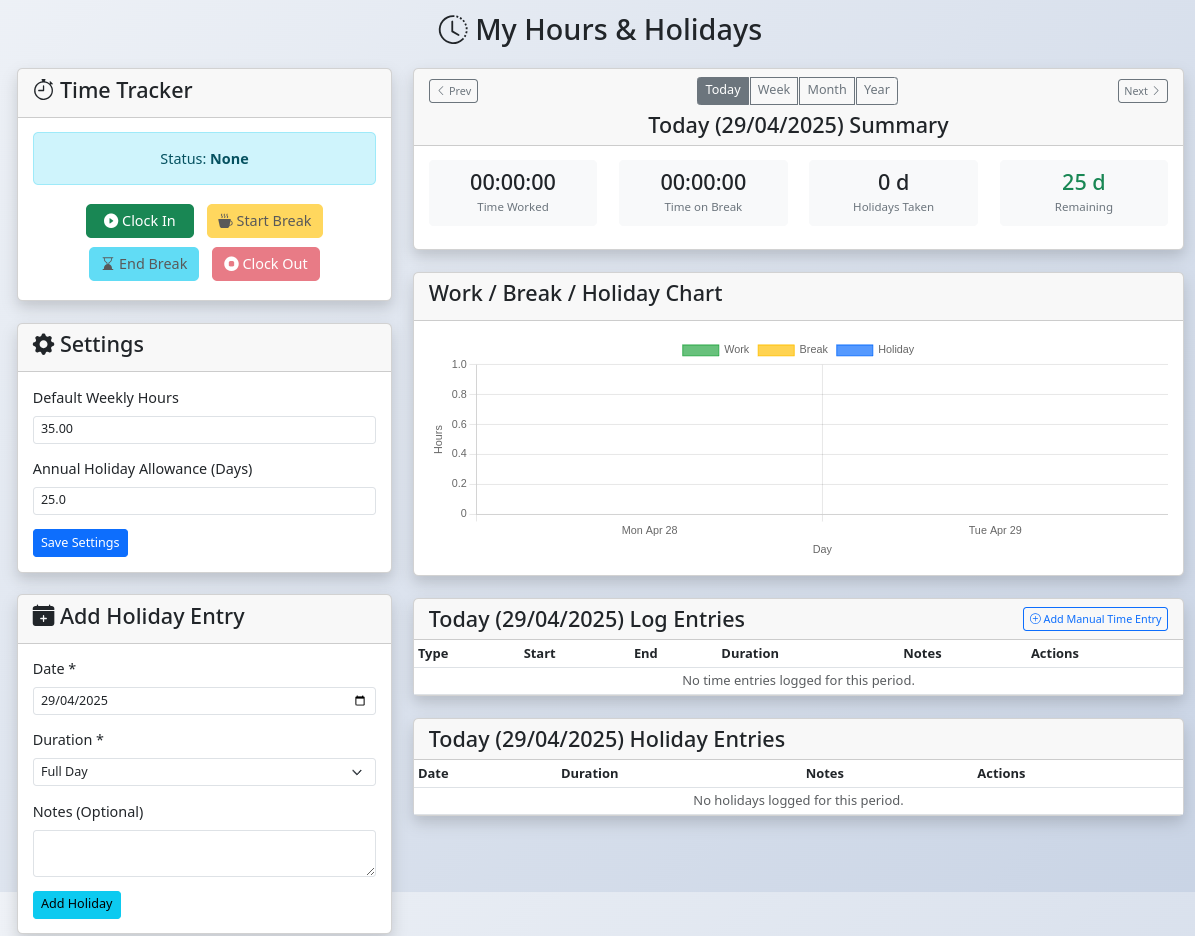 Overview of the My Hours page showing period navigation, summary cards, and chart area