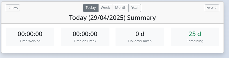 Period navigation controls for My Hours summary (Today, Week, Month, Year, Prev, Next)