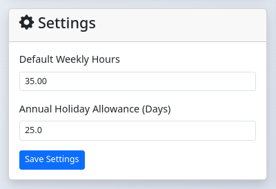 Settings panel showing inputs for weekly hours and holiday allowance