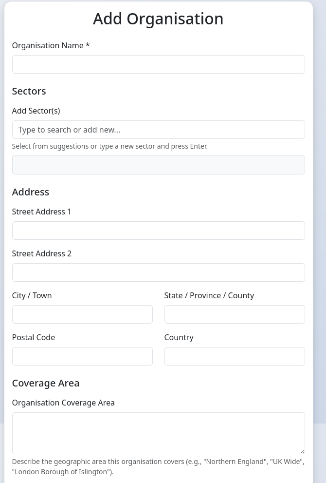 Add Organisation form showing fields for name, sectors, address etc.