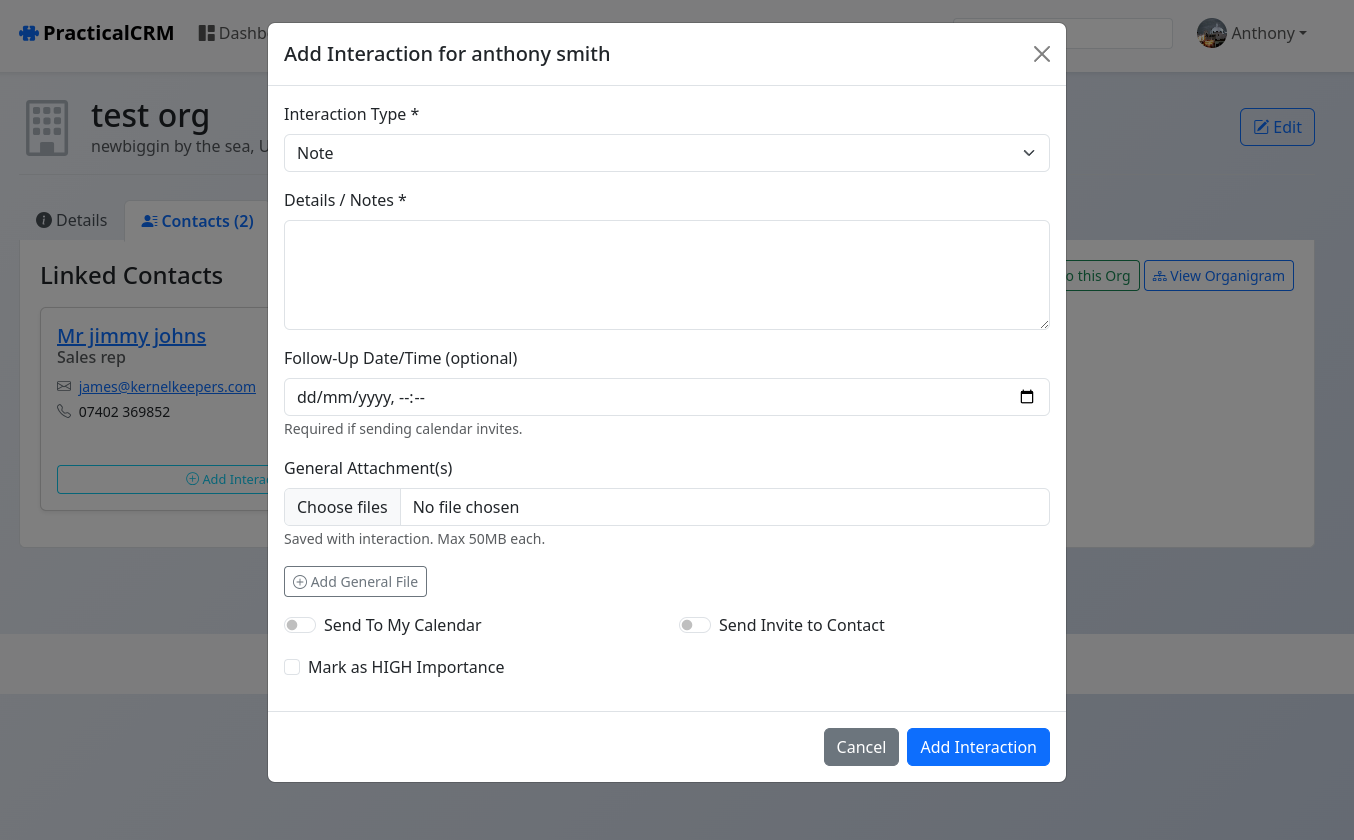 Add Interaction modal opened from the Organisation page