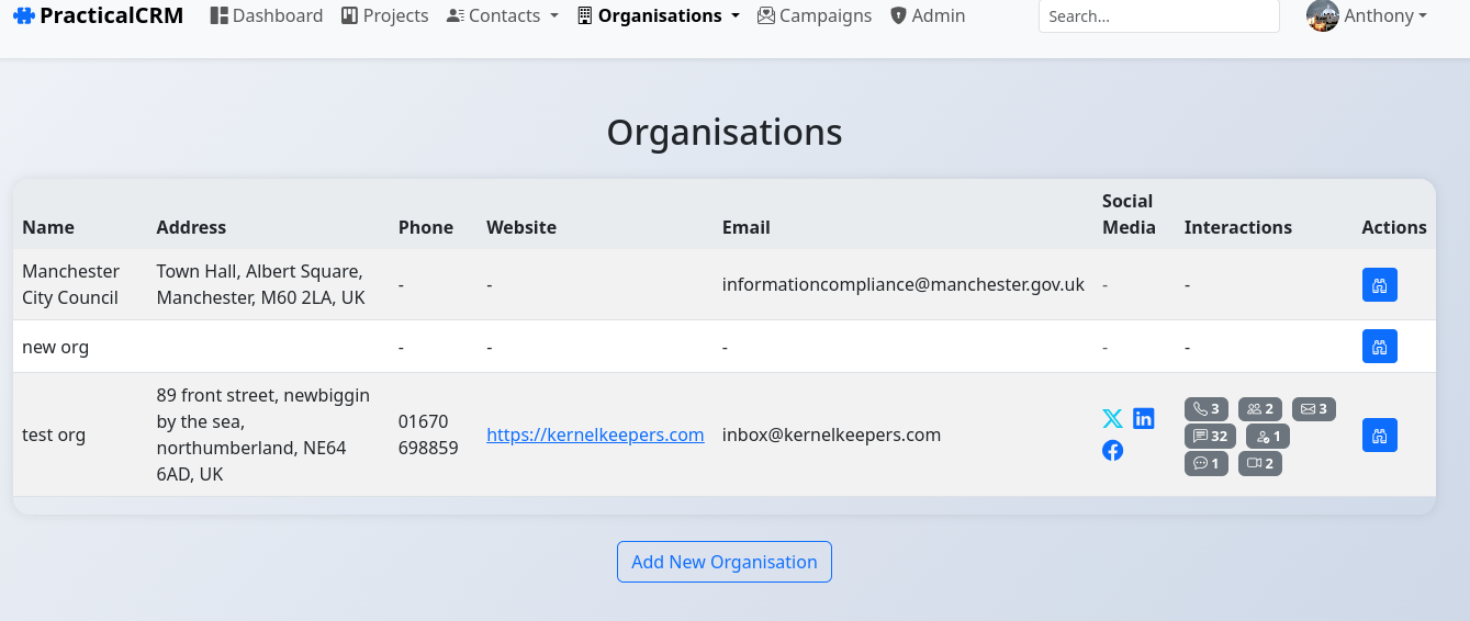Organisations list page showing table of companies