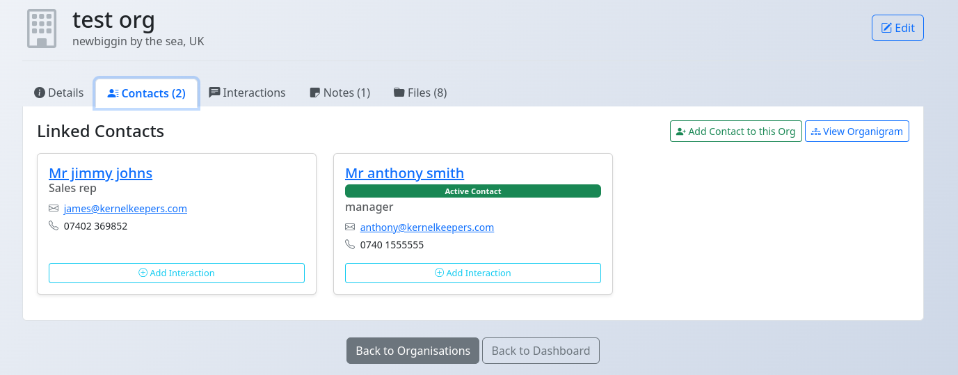 Organisation Contacts tab showing linked contact cards with interaction buttons