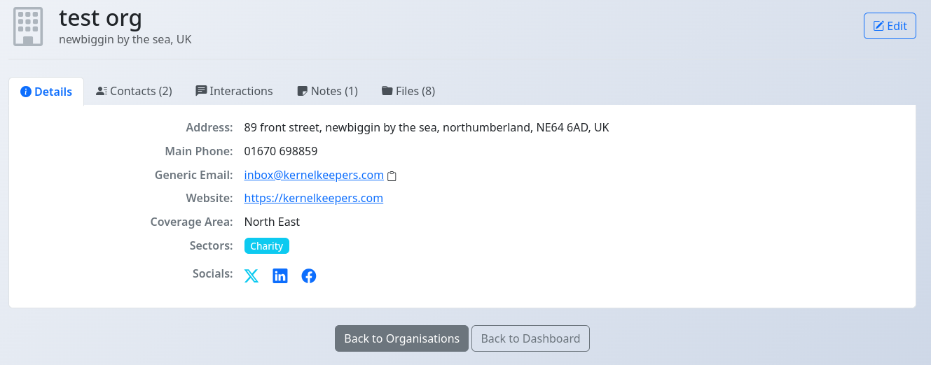 View Organisation page header and Details tab content showing address, website etc