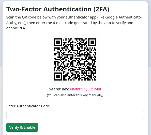 2FA setup screen showing QR code and secret key