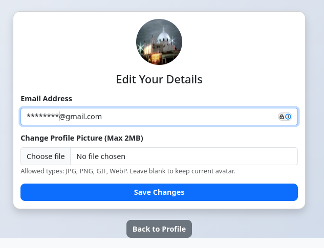 Edit Profile form with fields for email and avatar upload