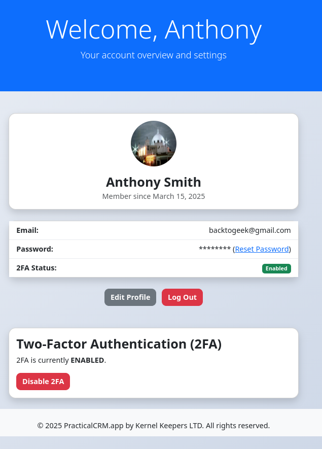 User profile page showing avatar, name, email, and 2FA status