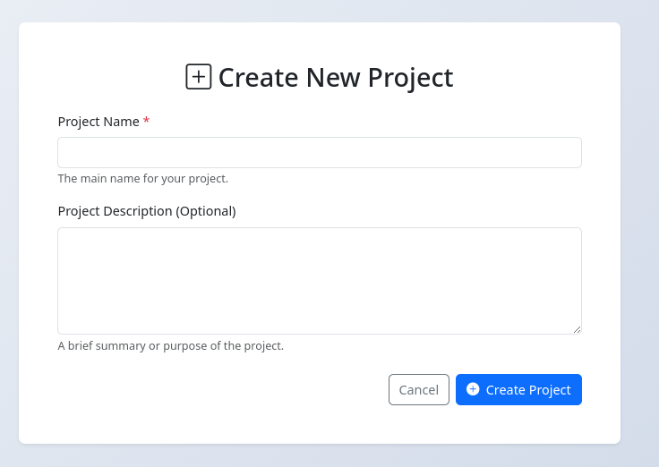 PracticalCRM Add Project form with name and description fields